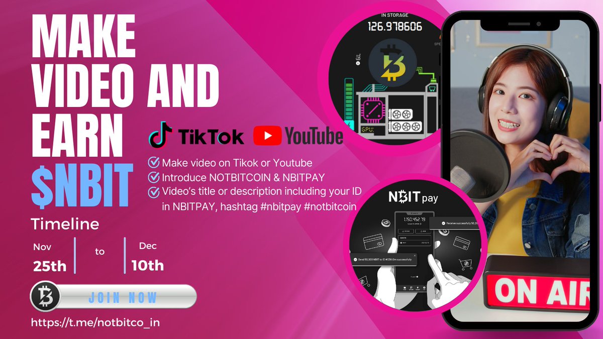 Make Videos and Earn $NBIT
This is a program to spread the spirit and value of NOTBITCOIN to many people, especially on popular video and social networking platforms.

Rules ⚡
1. Create a video on TikTok or YouTube introducing NOTBITCOIN and NBIT PAY.  
   - The video content