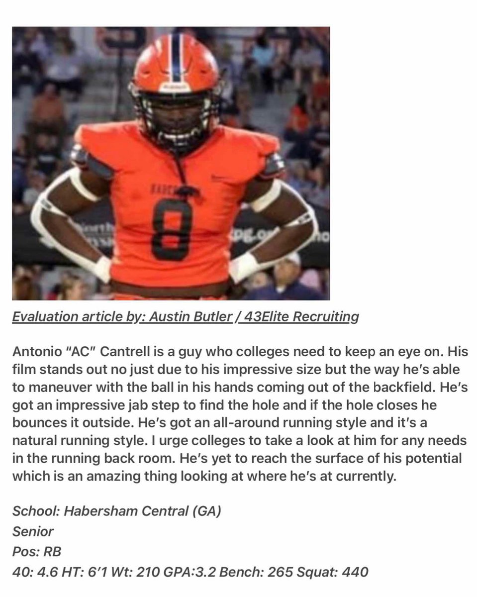 Antonio “AC” Cantrell (@acthagr8) on Twitter photo Thanks for the write up. Still looking for my new home!!
<a href="/__AustinButler/">AB</a> <a href="/43Elite/">43Elite Recruiting/Training</a> <a href="/hchsraiders_FB/">Habersham Football</a> <a href="/CoachDaniels06/">Coach Daniels</a> <a href="/bluehose13/">Benji Harrison</a> <a href="/CJSPILLER/">CJ SPILLER</a> <a href="/RecruitGeorgia/">Recruit Georgia</a> <a href="/NEGARecruits/">Northeast Georgia Recruits</a> Thanks for the write up. Still looking for my new home!!
<a href="/__AustinButler/">AB</a> <a href="/43Elite/">43Elite Recruiting/Training</a> <a href="/hchsraiders_FB/">Habersham Football</a> <a href="/CoachDaniels06/">Coach Daniels</a> <a href="/bluehose13/">Benji Harrison</a> <a href="/CJSPILLER/">CJ SPILLER</a> <a href="/RecruitGeorgia/">Recruit Georgia</a> <a href="/NEGARecruits/">Northeast Georgia Recruits</a>