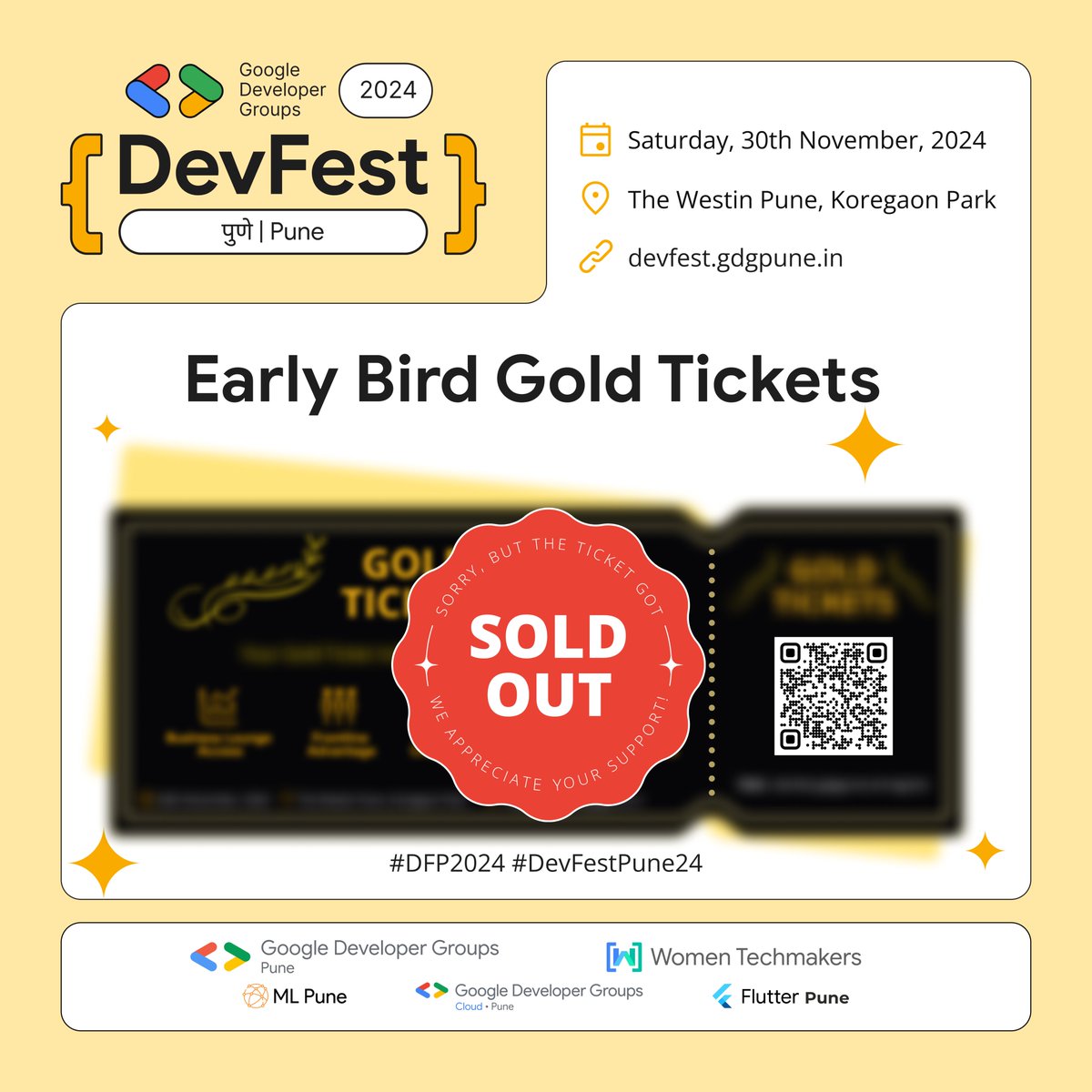 GDGPune's tweet photo. You Did It! Early Bird Gold Tickets Are Officially SOLD OUT! 🙌🏻
A huge shoutout to everyone who grabbed theirs early – we can’t wait to see you! 
🔗:https://t.co/jYPrtXK1Q9
#DevFestPune #DFP2024 #GDGPune #WTMPune #Devfest2024 #DevFestPune2024 #EarlyBirdSoldOut https://t.co/bKsjtwLUi4