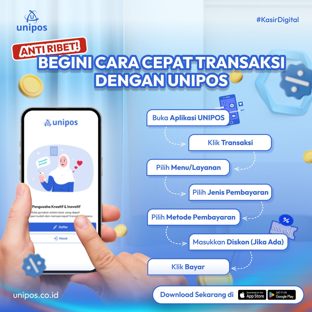 Uniposofficial's tweet image. Anti Ribet! Begini Cara Cepat Transaksi dengan Unipos

💡 Dengan Unipos, transaksi jadi praktis, cepat, dan fleksibel. Yuk, coba sekarang!

#unipos #kasirdigital #transaksicepat #solusiumkm #solusibisnis #kasirdigitalunipos