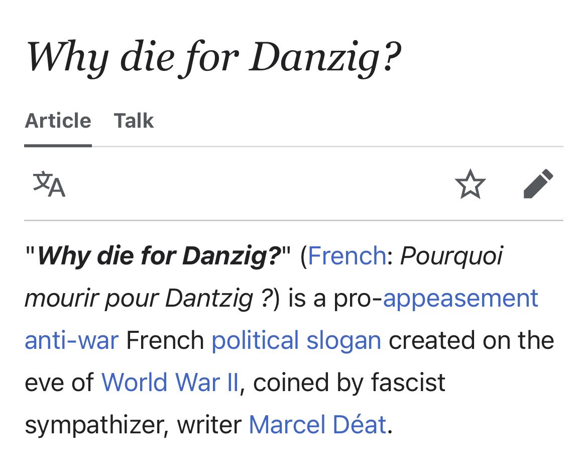"Why die for Ukraine?  It is not worth risking World War III and nuclear armageddon.  Just give Russia everything they want."

Cowards in America right now are repeating history without even knowing it.  "Why die for Danzig" or "Why die for Poland" is the slogan that fascist