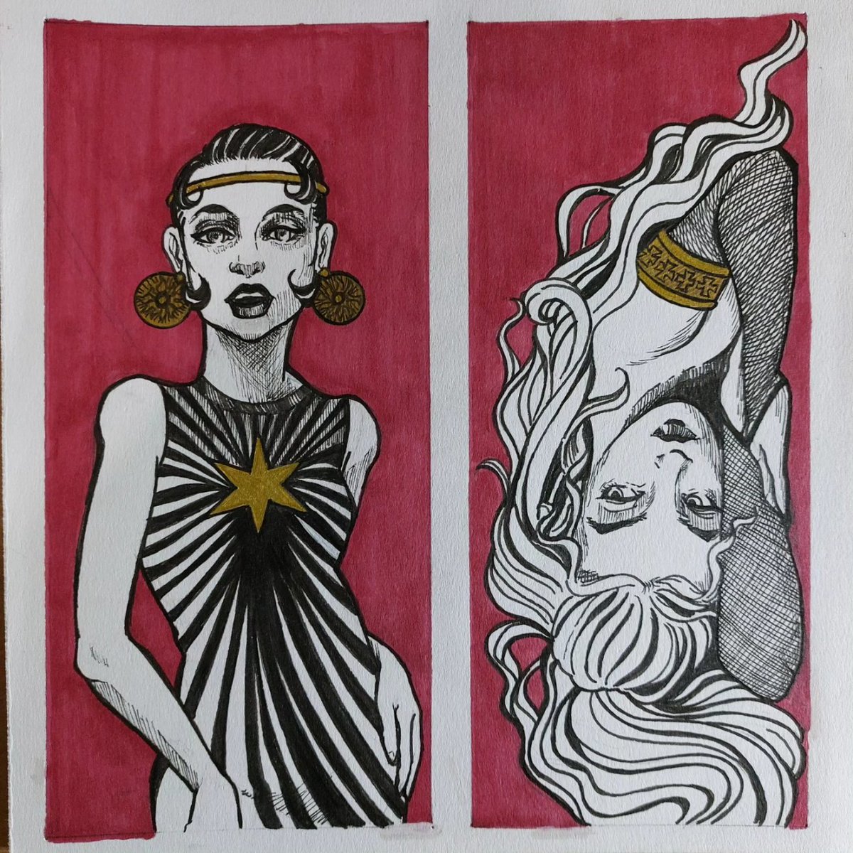 SignaDelirium's tweet photo. Bocetos que inicié en noviembre #Bocetos #DoingSketches #when_i_get_bored #red #stilograph #gold #sharpie #Fyp #Illustration #SignaDelirium https://t.co/c7udnpSLZP