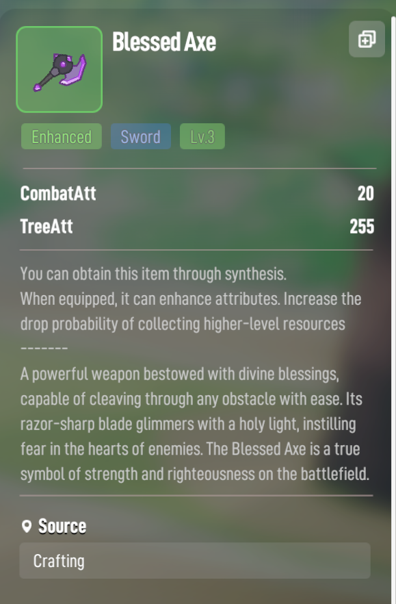 Ark_Arkangel's tweet photo. ✅I just upgraded my tools to Tier 4 and listed my T3 Enhanced axe with 255 attack for sale at a great price!!!!

Market Mavis: https://t.co/yTv85bNN8Z

@LumiterraGame @Ronin_Network

#LumiterraCBT2
