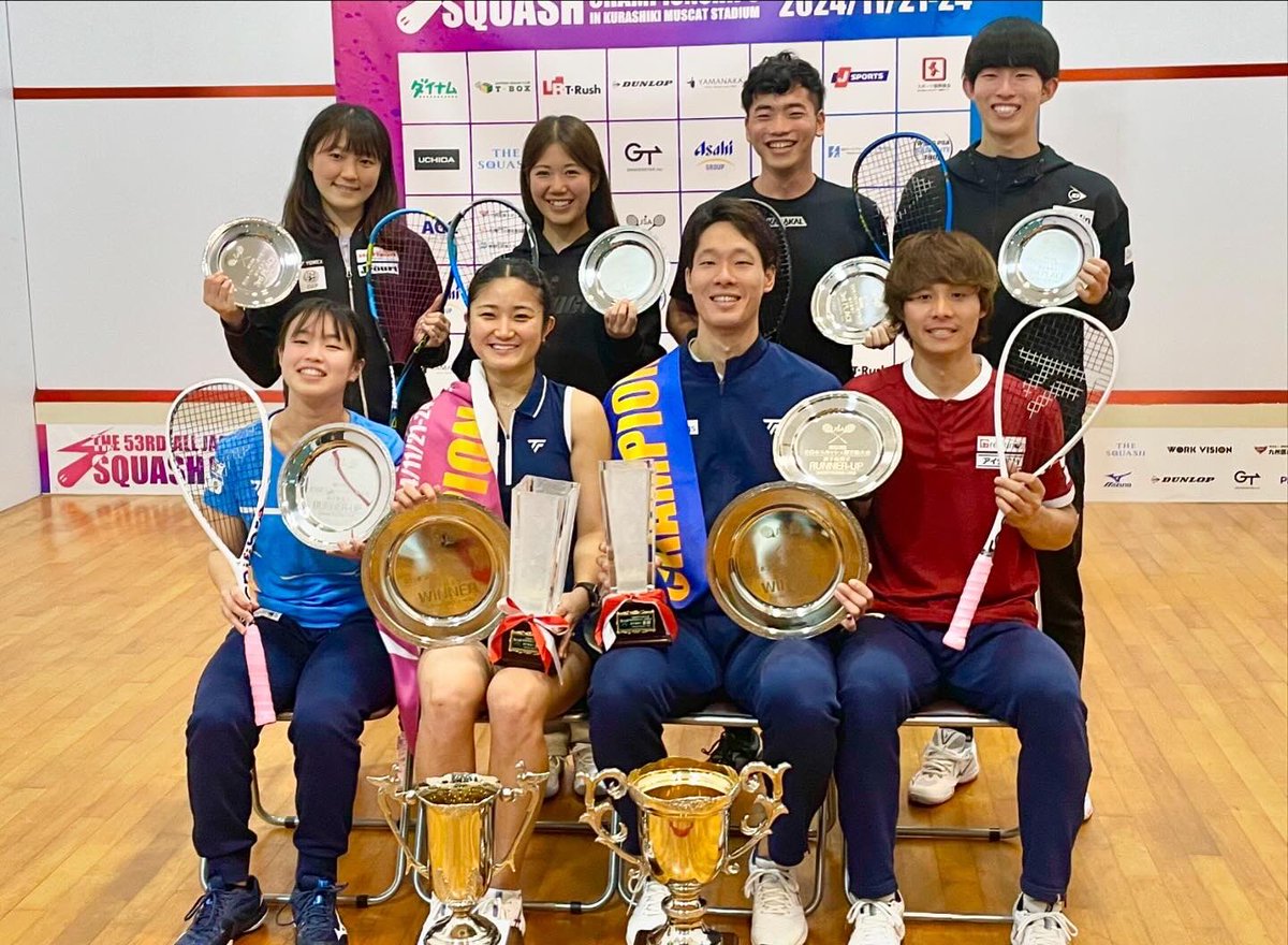 yoshi_yoshizaki's tweet photo. スカッシュ日本一を決める、第53回全日本スカッシュ選手権が岡山県倉敷マスカットスタジアムで行われました。
男子��遠藤共峻が初優勝、女子は渡邉聡美が2年ぶり6度目の優勝です。
youtubeとJ-SPORTSオンデマンド配信で実況を担当しましたが、世界へと繋がるハイレベルな戦い、素晴らしい大会でした♪ https://t.co/Kbu0tRWPPn