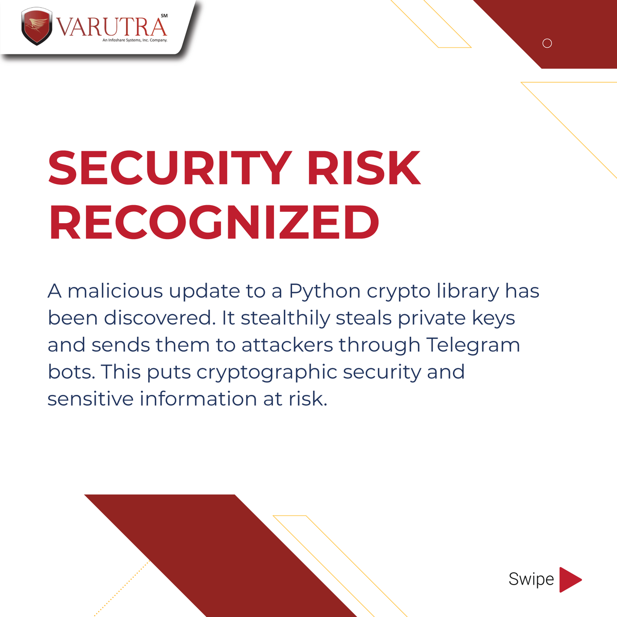 varutra's tweet image. Attention Developers &amp;amp; Enterprises! A malicious Python crypto library update is stealing private keys via Telegram bots, putting sensitive data and cryptocurrency wallets at risk! 

#IncidentResponse #VarutraSolutions #CyberResilience #BlockchainSecurity #DataProtection