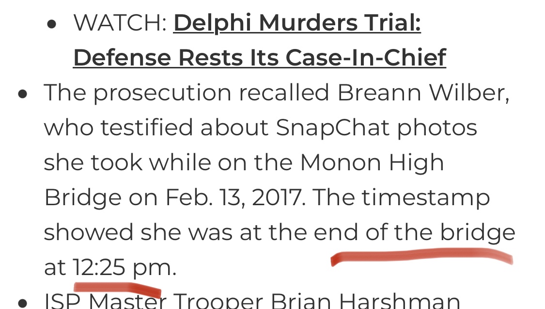 Featherocking's tweet image. And what about the bridge picture taken by Bre Wilber was it taken at 12:25 or 12:43 ..they can never get their story straight. and who was Libby’s picture it actually taken by…Bre, Kelsi or Cheyenne #DelphiLore #RichardAllen 
#DelphiMurders