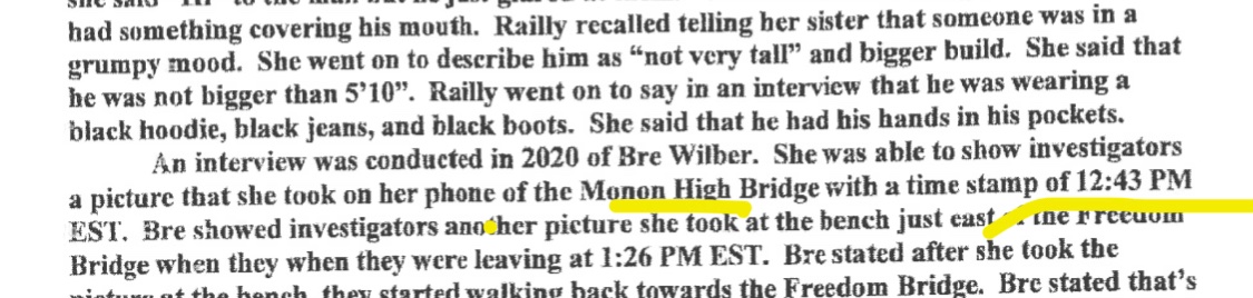 Featherocking's tweet image. And what about the bridge picture taken by Bre Wilber was it taken at 12:25 or 12:43 ..they can never get their story straight. and who was Libby’s picture it actually taken by…Bre, Kelsi or Cheyenne #DelphiLore #RichardAllen 
#DelphiMurders