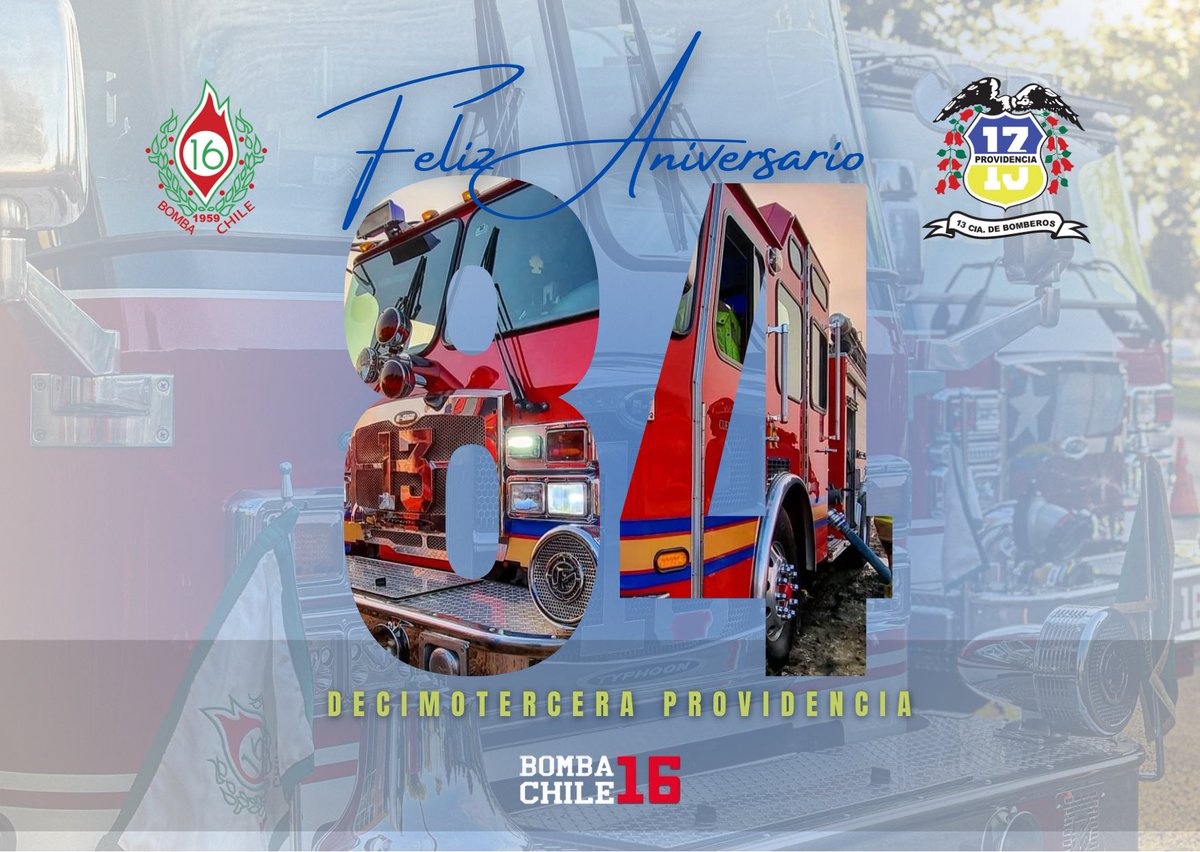 𝗦𝗮𝗹𝘂𝗱𝗼👨‍🚒 La #BombaChileCBS envía a todos los integrantes de la <a href="/13Providencia/">13 Compañía CBS</a>  un fraternal saludo al conmemorar su 𝟖𝟒° 𝑨𝒏𝒊𝒗𝒆𝒓𝒔𝒂𝒓𝒊𝒐 de Fundación. Que los objetivos de sus orígenes, reafirmen su compromiso inquebrantable con la comuna de Providencia.🚒🇨🇱

#cbs