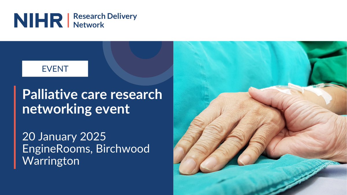 Anyone with an interest in the delivery of research in palliative care in the North West of England is invited to a special networking event in January.

Register your free place now for this packed event taking place between 9.15am and 3.30pm.

sites.google.com/nihr.ac.uk/pal…