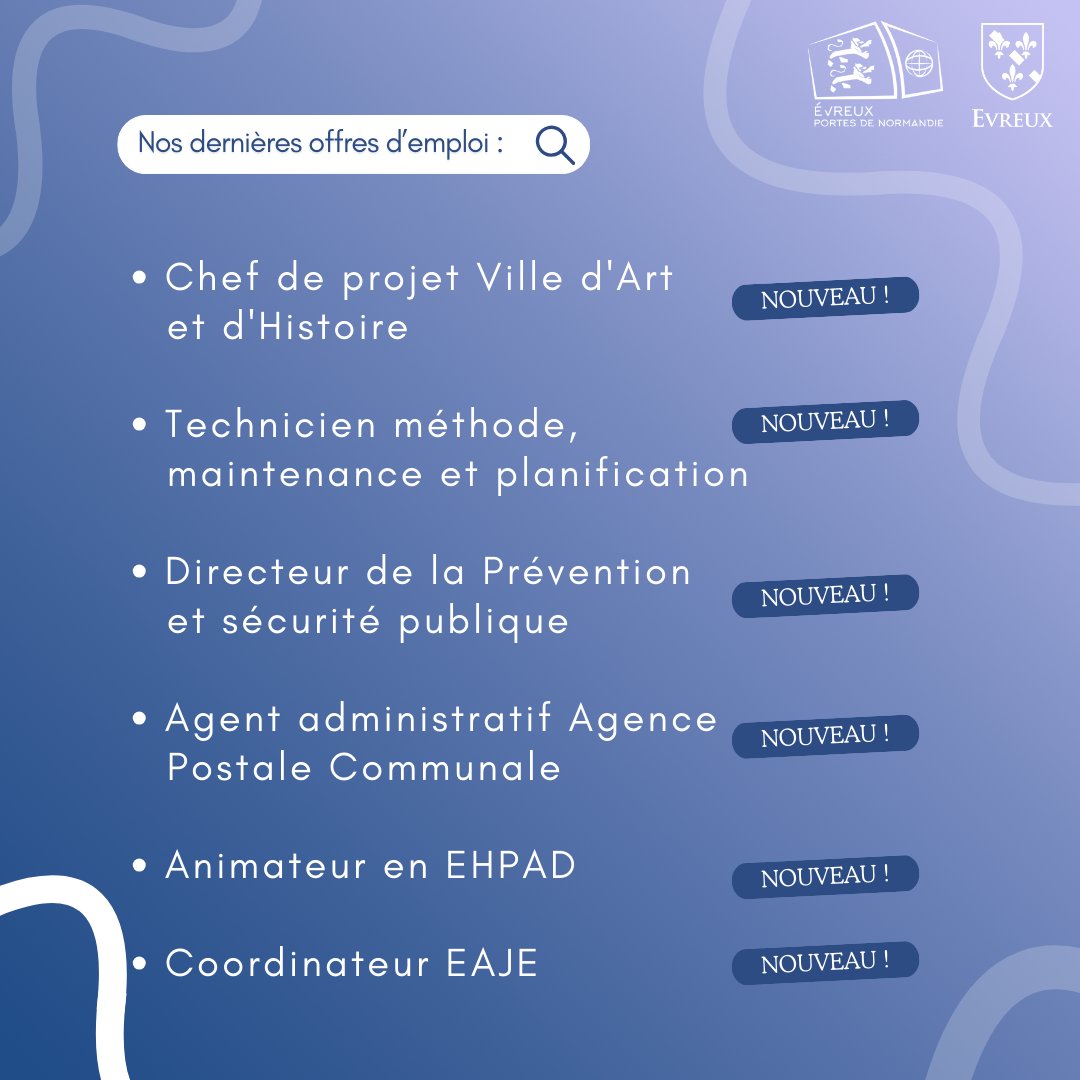 [#EMPLOI]

#Evreux et #aggloevreux recrutent !

&gt; Nouvelles offres : Chef de projet Ville d'Art et d'Histoire / Technicien méthode, maintenance et planification / ...

👉 Pour postuler, envoyez votre CV et lettre de motivation ⤵️
evreuxportesdenormandie.fr/285-evreux-por…

#offreemploi