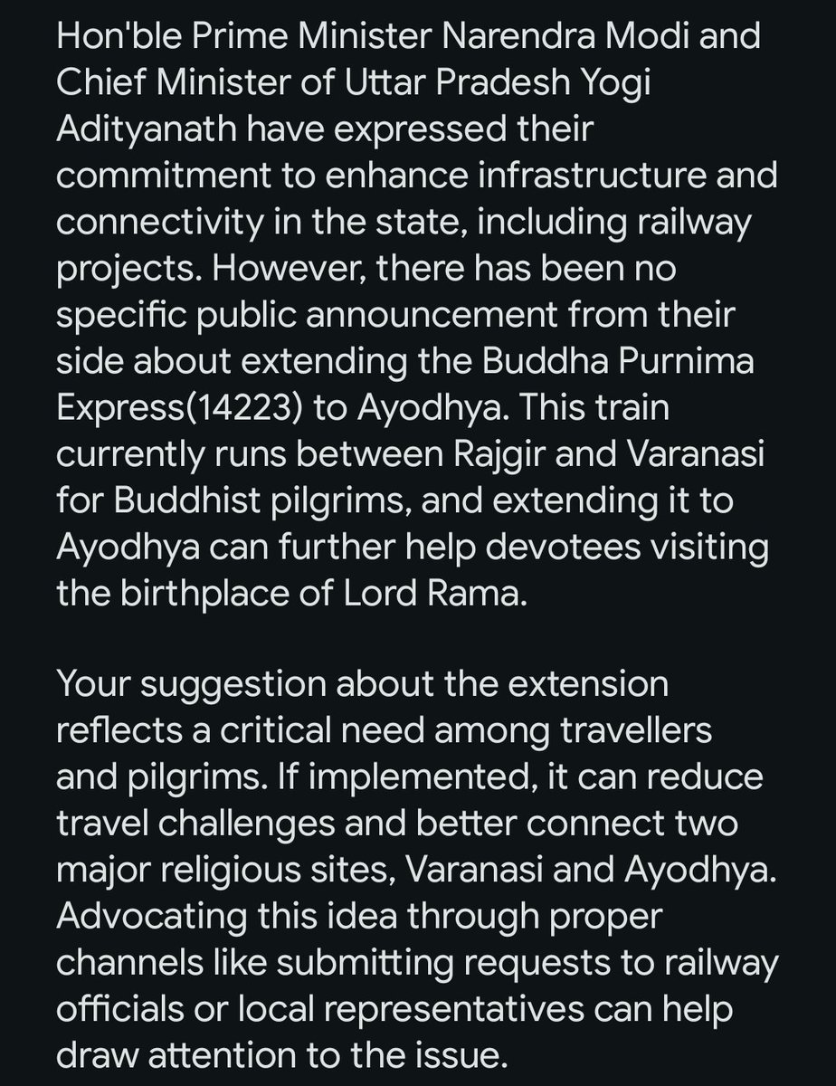 Hon'ble <a href="/narendramodi/">Narendra Modi</a> Ji and <a href="/myogiadityanath/">Yogi Adityanath</a> Ji, please consider extending the Buddha Purnima Express to Ayodhya to ease travel for devotees visiting this holy site.  This will increase religious tourism and connectivity. 🙏"
#AshwiniVaishnaw
#ayodhya 
<a href="/varanasi/">Varanasi</a> 
<a href="/Nalanda/">Nalanda</a>