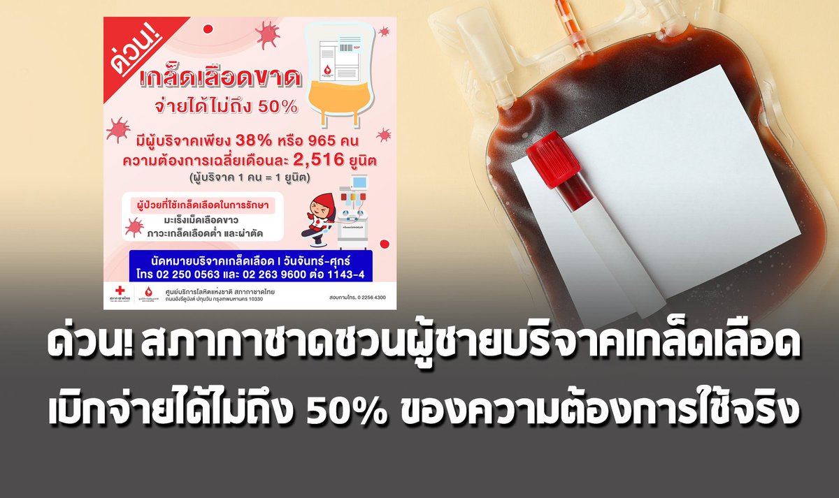 เกล็ดเลือดขาดแคลน! สภากาชาดไทยชวนผู้ชายสุขภาพดีบริจาค “เกล็ดเลือด” ปัจจุบันเบิกจ่ายได้ไม่ถึง 50% มีผู้บริจาคเพียง 965 คน (1 คน = 1 ยูนิต) คิดเป็น 38% ของความต้องการใช้เฉลี่ยเดือนละ 2,516 ยูนิต

ผู้บริจาคเกล็ดเลือดจะต้องผ่านคุณสมบัติเฉพาะ เช่น รับเฉพาะเพศชาย (เพศหญิง