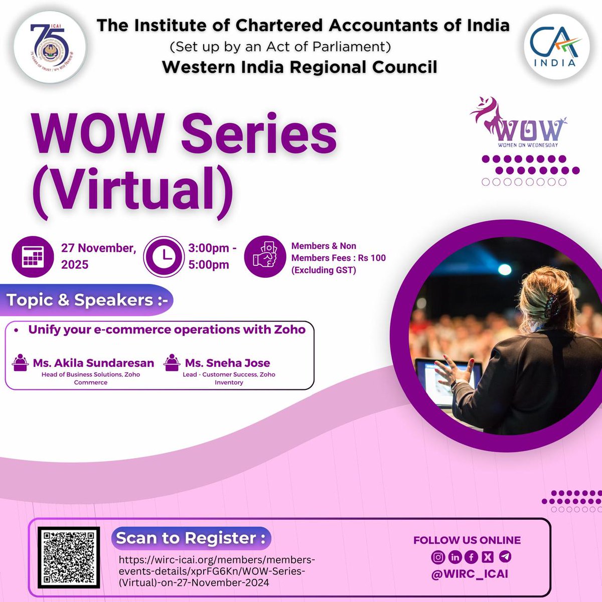 wirc_icai's tweet photo. π *Join the WOW Series!* π
π *Date:* 27th November 2024
β° *Time:* 3:00 PM to 5:00 PM
π *Location:* Virtual
π° *Fees:*
π ICAI Members & Non members: βΉ100 + GST
To Register click on https://t.co/zbaqgw3Edj
#WOWSeries #ECommerceSolutions #Zoho #WIRCICAI https://t.co/Lai2y6WgRb