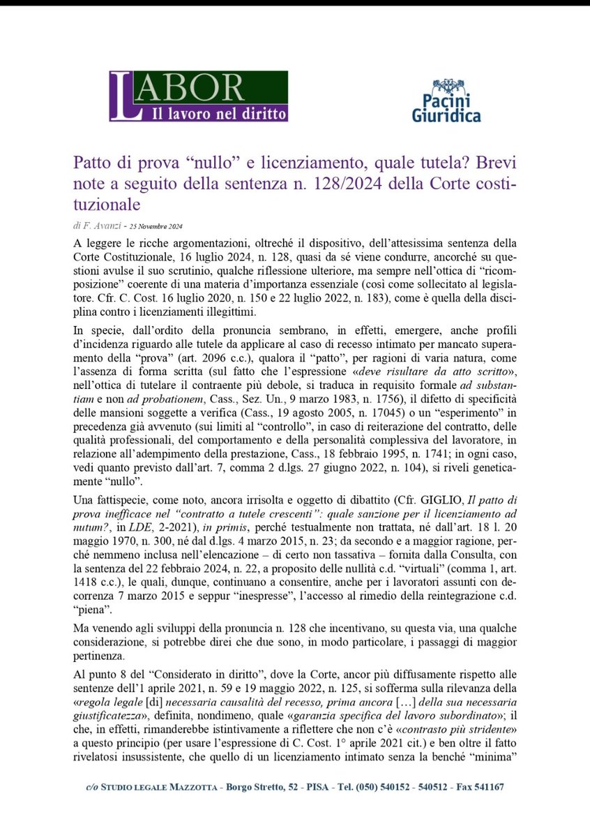 Patto di prova - nullità - tutela licenziamento linkedin.com/posts/federico…