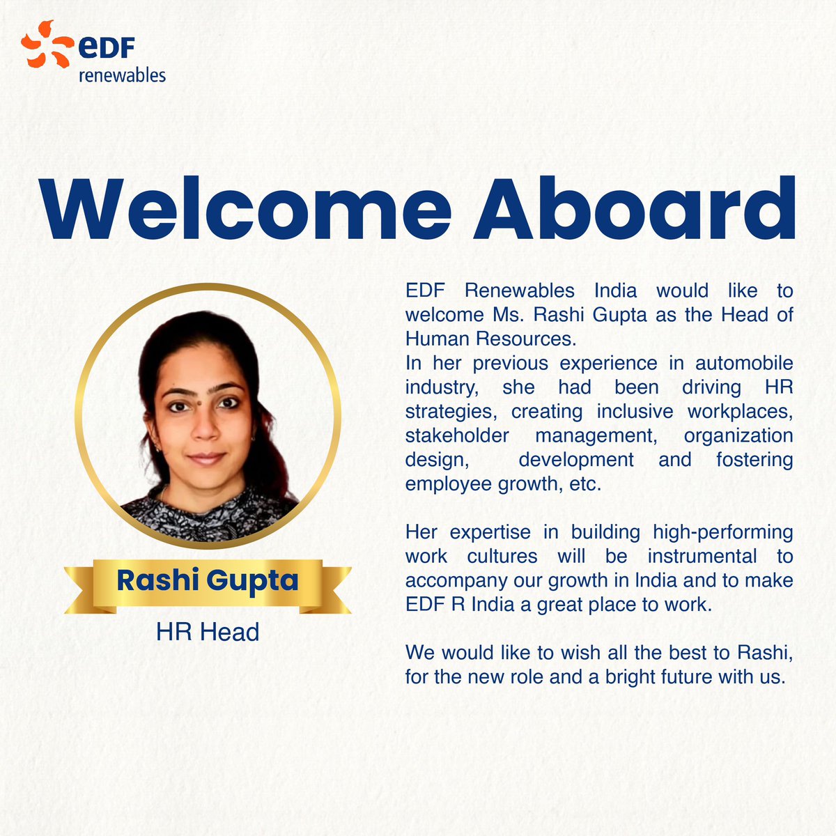 EDF_REIndia's tweet photo. We are excited to welcome Ms. Rashi Gupta as our new HR Head!
Join us in wishing her a wonderful journey with EDF Renewables India
#EDFRenewablesIndia #Leadership #HR #windenergy #switchtorenewables https://t.co/MdSVxu0FvB