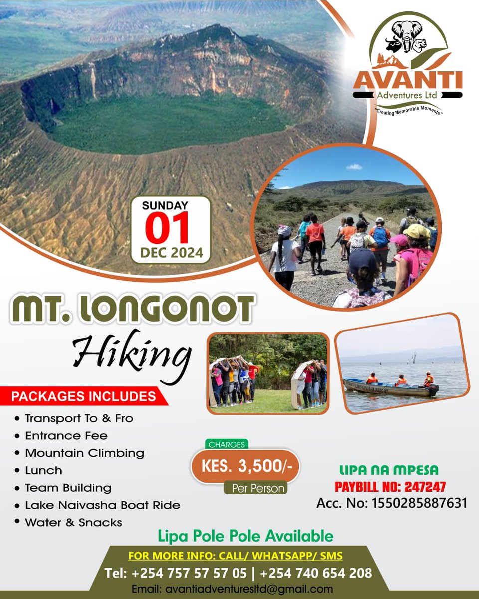 john_avanti's tweet photo. Join us on an amazing adventure as we tackle #MtLongonot on 1 December 2024. Book your slot today. Our offices are located at Jomoko area, Thika West Building room 201. For more information call us on 0757 575 705 or 0790 233 646. #AvantiAdventuresLtd #AdventureAwaits https://t.co/tLdJlQ7nF7