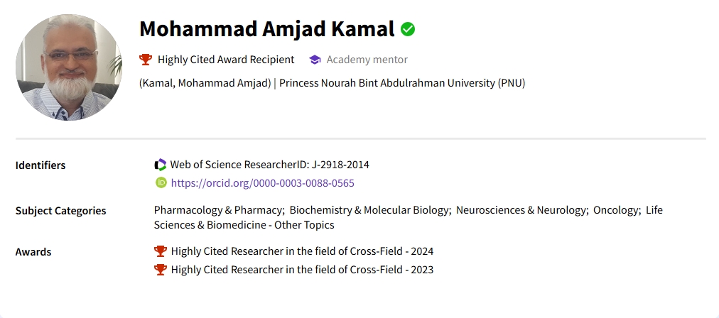 Recently, the 2024 #Clarivate Highly Cited Researchers list has been revealed. 
We are proud to note that this list includes Prof. Mohammad Amjad Kamal, the Editorial Board Member of Tumor Discovery. Please join us in congratulations🥳🥳🥳