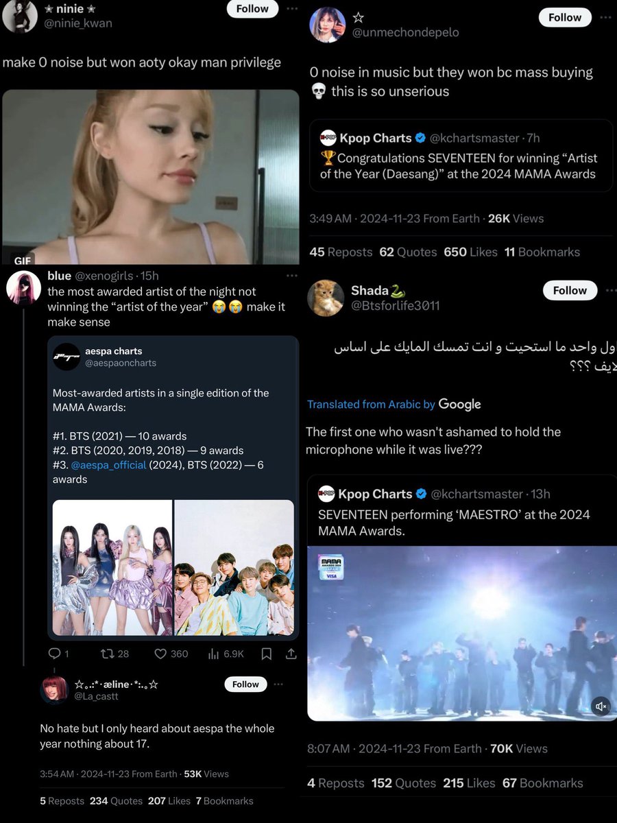 13_Gems_17's tweet photo. For Carats who would like receipts of the tweets made by Mys, Tokkis, Armys, and Stays, against Seventeen for their AOTY award at MAMA, here y’all go….just in case they wanna switch script and act like victims or lie✌️ https://t.co/FlOIqn89Jp
