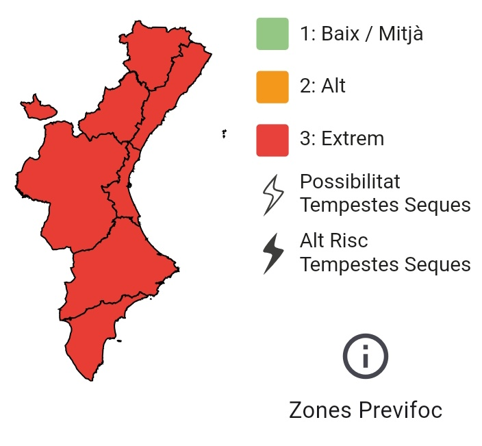 🔥El nivell de preemergència per risc d'incendis forestals hui 25/11 és:  

🔴Extrem a tota la Comunitat Valenciana.  

🚨A causa de la situació d'emergència declarada en la Comunitat Valenciana, s'establix el risc extrem en tot el territori.

❌Amb nivell 3 està prohibit fer