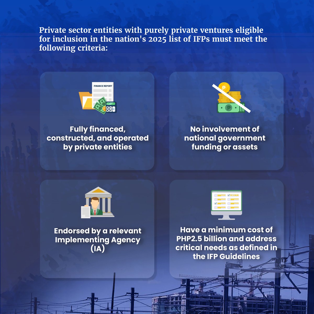 DEPDevgovph's tweet photo. 𝐂𝐀𝐋𝐋 𝐅𝐎𝐑 𝐏𝐑𝐎𝐏𝐎𝐒𝐀𝐋𝐒: 𝟐𝟎𝟐𝟓 𝐈𝐅𝐏𝐬

NEDA invites private sector entities to submit proposals for the inclusion of purely private business ventures in the Philippines’ 2025 Infrastructure Flagship Projects (IFPs) list. https://t.co/20X4WwswwB