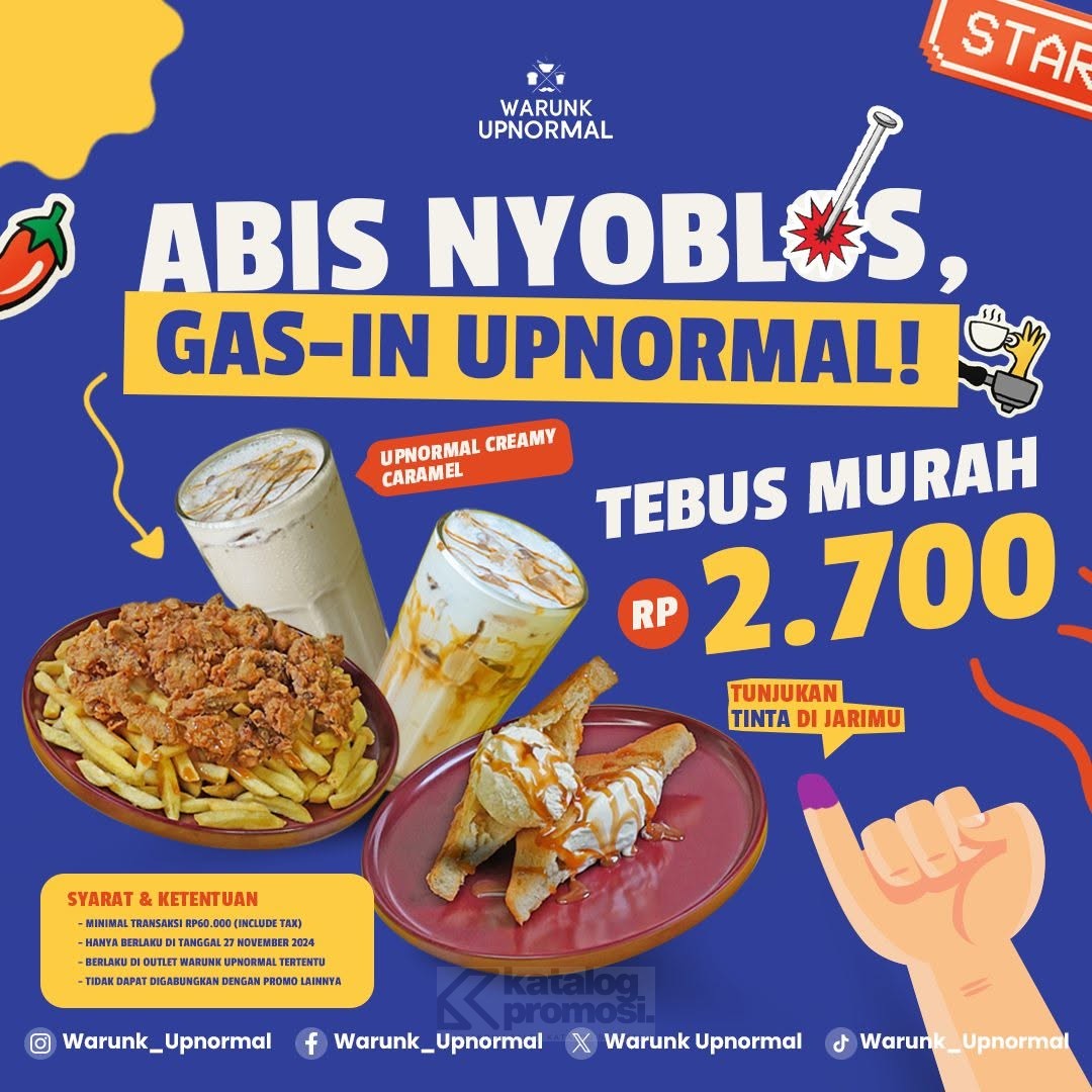 katalogpromosi's tweet image. Nyoblos udah, saatnya chill! 🗳️ Warunk Upnormal kasih promo spesial: Upnormal Creamy Caramel cuma Rp2.700 buat minimal transaksi Rp60rb. Berlaku 27 Nov aja, di outlet tertentu! 

Yuk, jangan lewatkan ➡️ katalogpromosi.com/promo-warunk-u…

#PilkadaPromo #WarunkUpnormal