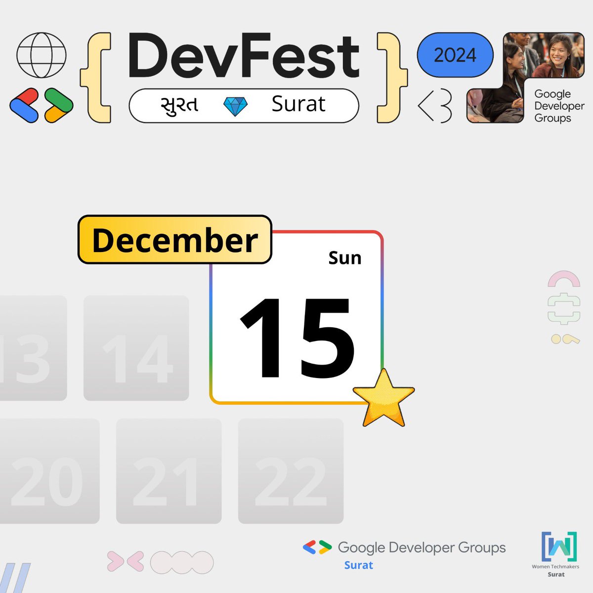 GDG_Surat's tweet image. ⏱️ The Countdown Begins!
#DevfestSurat 2024 is here to redefine the tech scene! 🚀
📅 15th December 2024 | 📍Surat
Get ready for mind-blowing tech talks, activities, and networking with the brightest minds in the industry.
💡Stay tuned, spread the word, and save the date!
