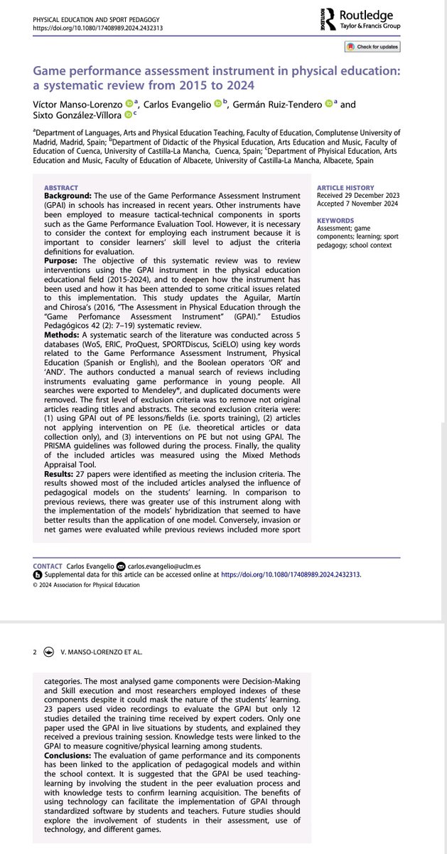 Víctor Manso-Lorenzo (@ef_140) on Twitter photo How has #GPAI been used in #PhysEd from 2015 to 2024?
📚 Systematic review
📑 27 analysed papers
👉🏻 Invasion games (17)
👉🏻 Net games (10)
✅ Hybridizations
🔝 Sport Education model & Game-Based approaches
<a href="/Carlos_evan_/">Carlos Evangelio</a>
<a href="/SixtoGonzalezV/">Sixto González-Víllora</a> Germán R.T. #PESP
tandfonline.com/eprint/ECWQU88… How has #GPAI been used in #PhysEd from 2015 to 2024?
📚 Systematic review
📑 27 analysed papers
👉🏻 Invasion games (17)
👉🏻 Net games (10)
✅ Hybridizations
🔝 Sport Education model & Game-Based approaches
<a href="/Carlos_evan_/">Carlos Evangelio</a>
<a href="/SixtoGonzalezV/">Sixto González-Víllora</a> Germán R.T. #PESP
tandfonline.com/eprint/ECWQU88…