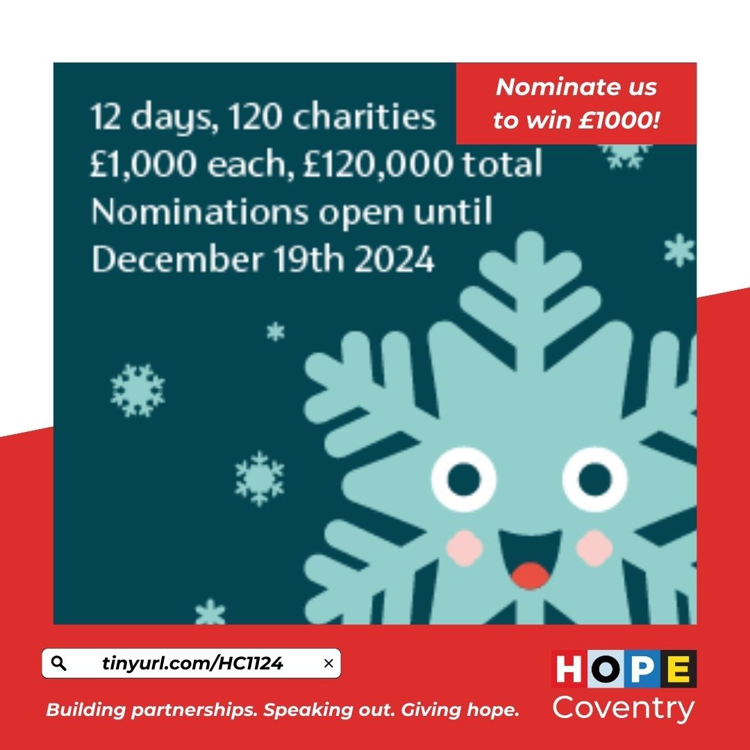Head to movementforgood.com to nominate HOPE Coventry (charity no. 1155912) for the £1,000 12 Days of Giving draws! 🌟 Your support could help us sustain dementia groups, host youth events, or support people in debt.

#12DaysOfGiving #HOPECoventry #MovementForGood