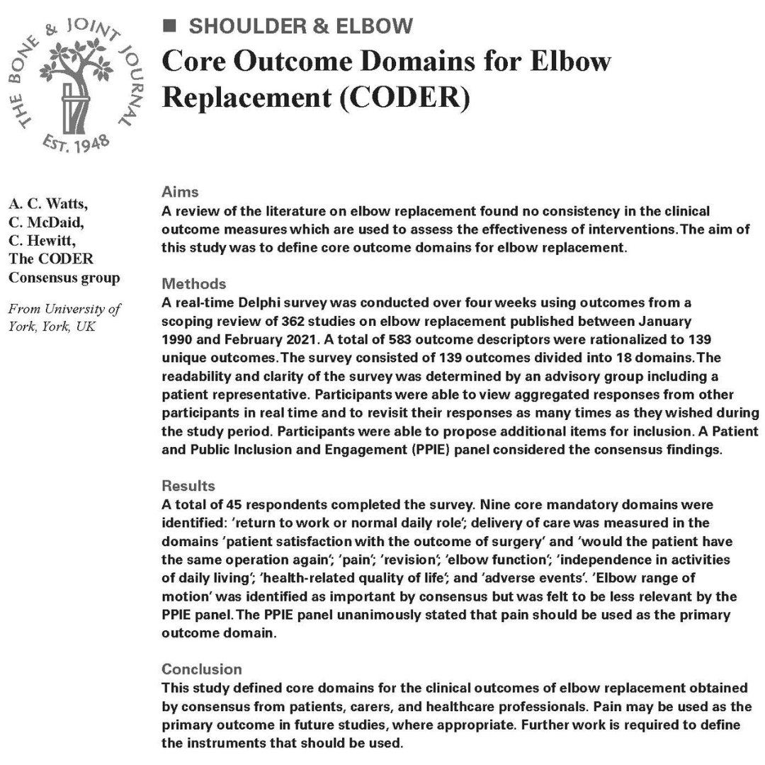 BoneJointJ's tweet photo. A real-time Delphi survey was conducted over four weeks using outcomes from a scoping review of 362 studies on elbow replacement published between January 1990 and February 2021.

#BJJ #ElbowReplacement #Healthcare @myelbowdoc

https://t.co/0XLMUrSlyB https://t.co/ALFhhJtI5G