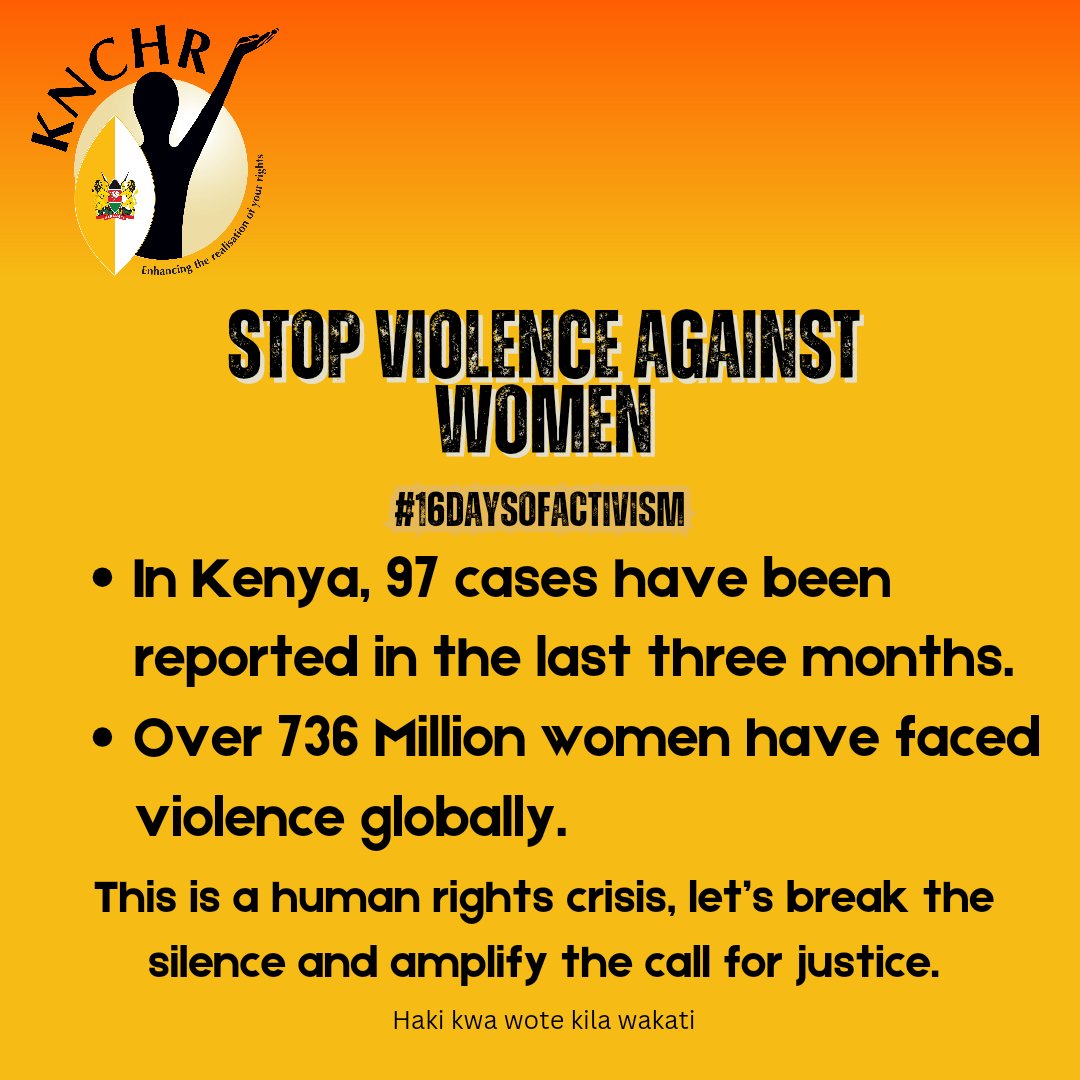Violence against women is a human rights violation. On this #InternationalDayfortheEliminationofViolenceAgainstWomen <a href="/HakiKNCHR/">KNCHR</a>  stands united to demand justice, dignity and apprehension of perpetrators in respect to the victims human rights.
#16DaysofActivism #EndGBV