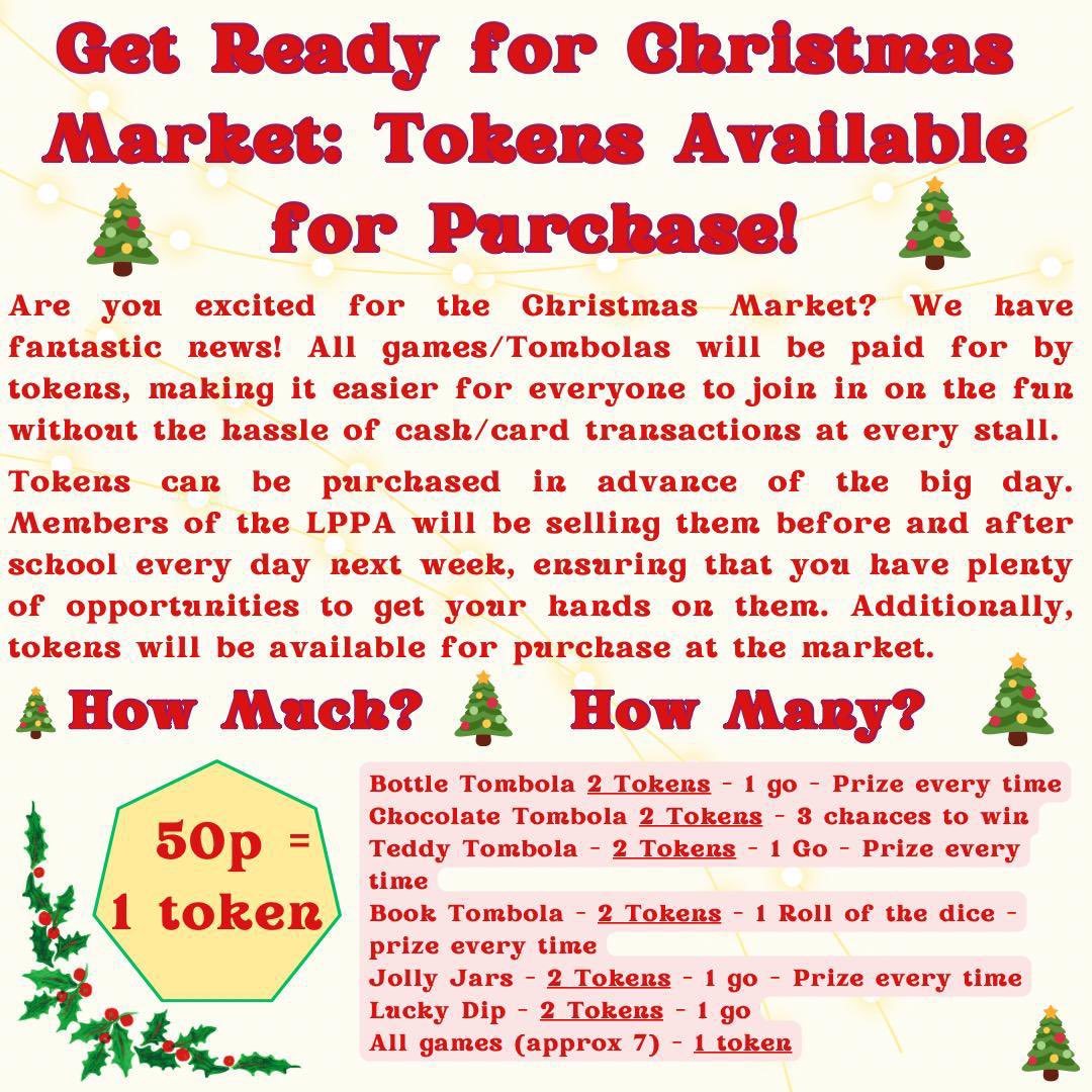 To help you beat the queue at the Christmas Market, tokens will be available to purchase this week in both playgrounds
Both Cash and Card will be accepted. 
If you don’t get a chance to get them before, don’t panic, they will be available to purchase on the day.
🎄🎅🏻<a href="/LarchwoodPS/">Larchwood Primary</a>