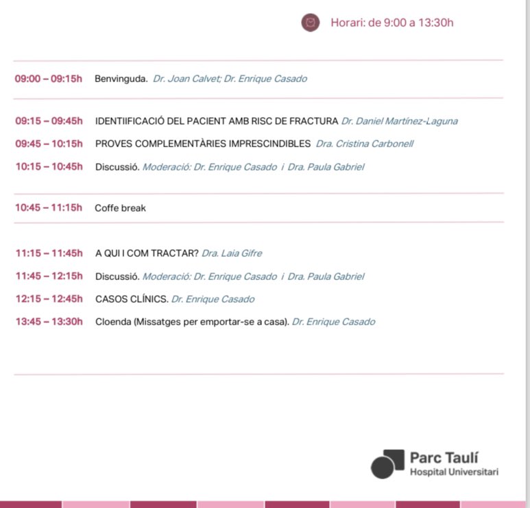 docCasado's tweet photo. Només falten 8 dies!!
Nova edició del curs pràctic d’osteoporosi del @parctauli 
💡Formació adreçada a metges i residents de qualsevol especialitat!
🗓️03/12
📍Auditori del #ParcTaulí
✅ Inscripció gratis a https://t.co/LxorUinNd3
#osteoporosis https://t.co/QnKf9dSjwM