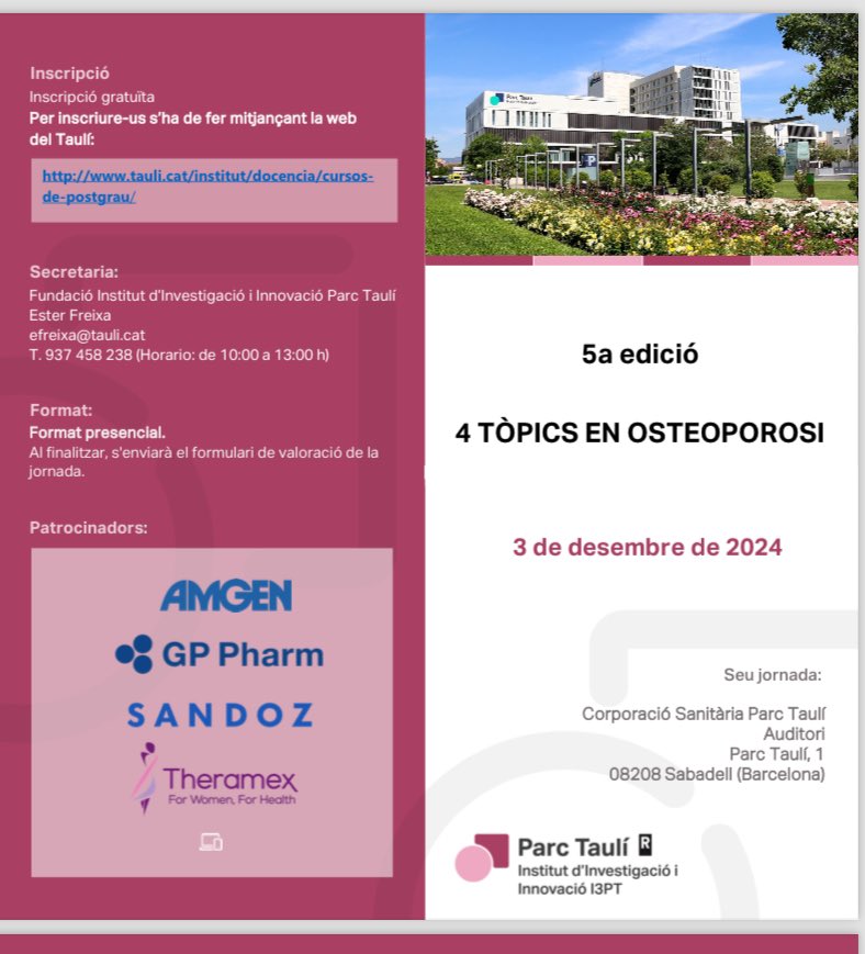 docCasado's tweet photo. Només falten 8 dies!!
Nova edició del curs pràctic d’osteoporosi del @parctauli 
💡Formació adreçada a metges i residents de qualsevol especialitat!
🗓️03/12
📍Auditori del #ParcTaulí
✅ Inscripció gratis a https://t.co/LxorUinNd3
#osteoporosis https://t.co/QnKf9dSjwM