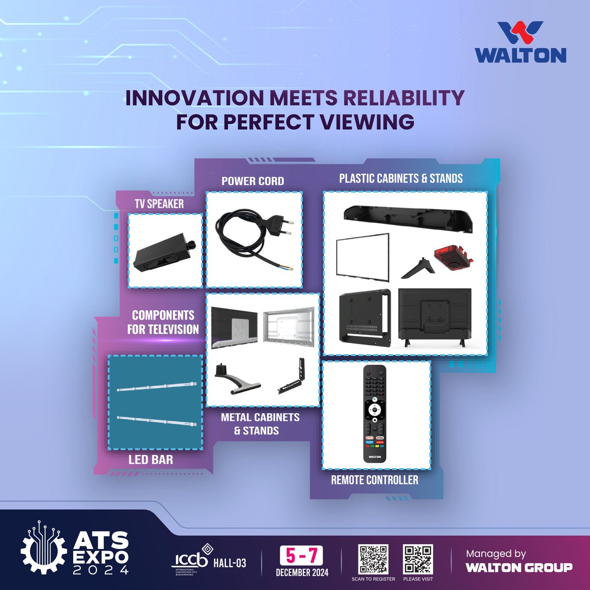 WaltonBD_'s tweet photo. Innovation Meets Reliability – Only at #Walton ATS Expo 2024!
Explore top-notch TV components like speakers, LED bars, and more, engineered for the ultimate viewing experience.
📅 Dec 5-7, 2024
📍 ICCB Hall-03, Dhaka
Register now: https://t.co/8zYf9kzOZf
#ATSExpo2024 #TVSolutions https://t.co/nfzzPKUwEf