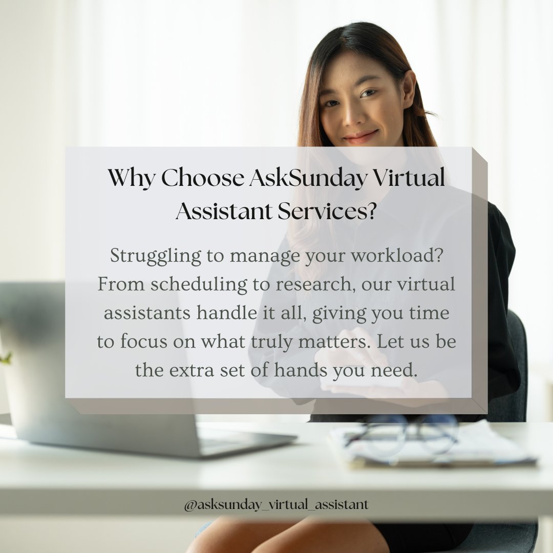 AskSunday's tweet image. Maximize your time with AskSunday! Explore our virtual assistant services today. 💼💻 #VirtualHelp