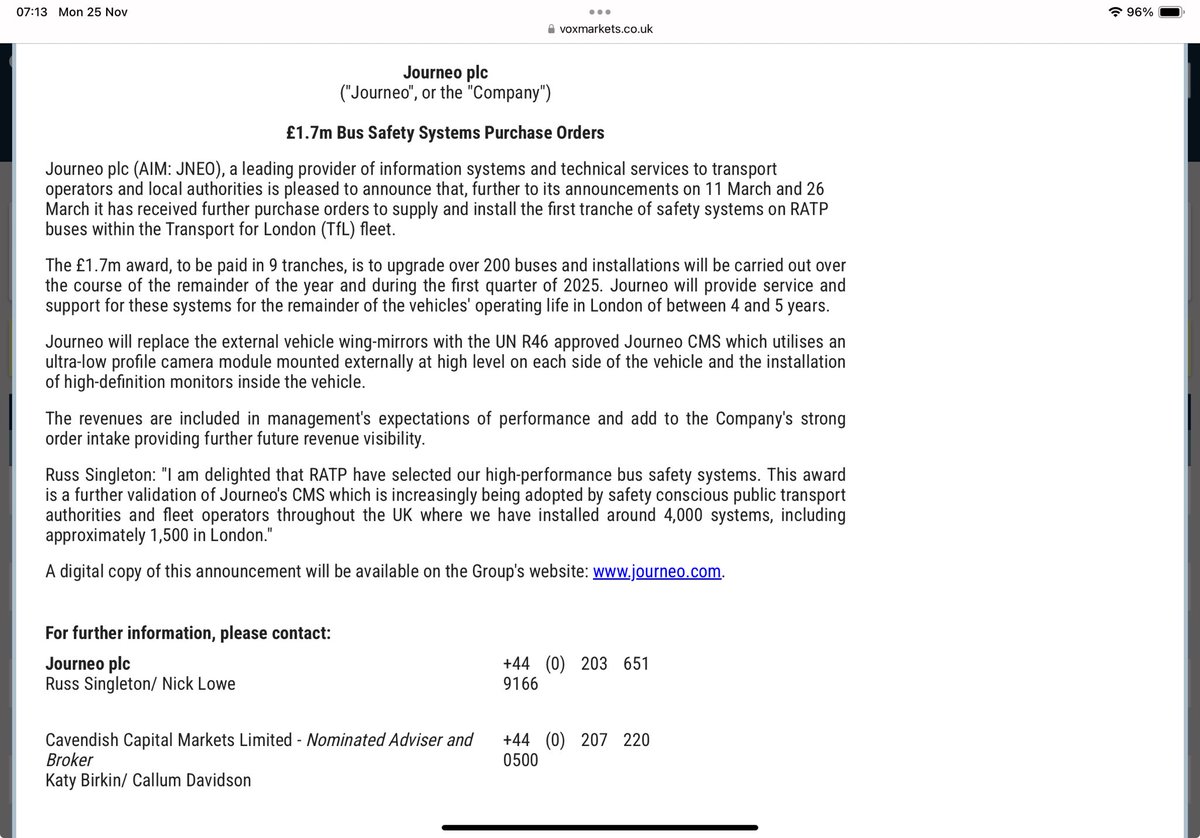 reb40's tweet image. #JNEO Things look to be progressing well with customer TfL as they confirm Purchase Orders worth £1.7m

Worth noting these are already in the budget “included in management's expectations of performance..providing further future revenue visibility”
I hold a small amount