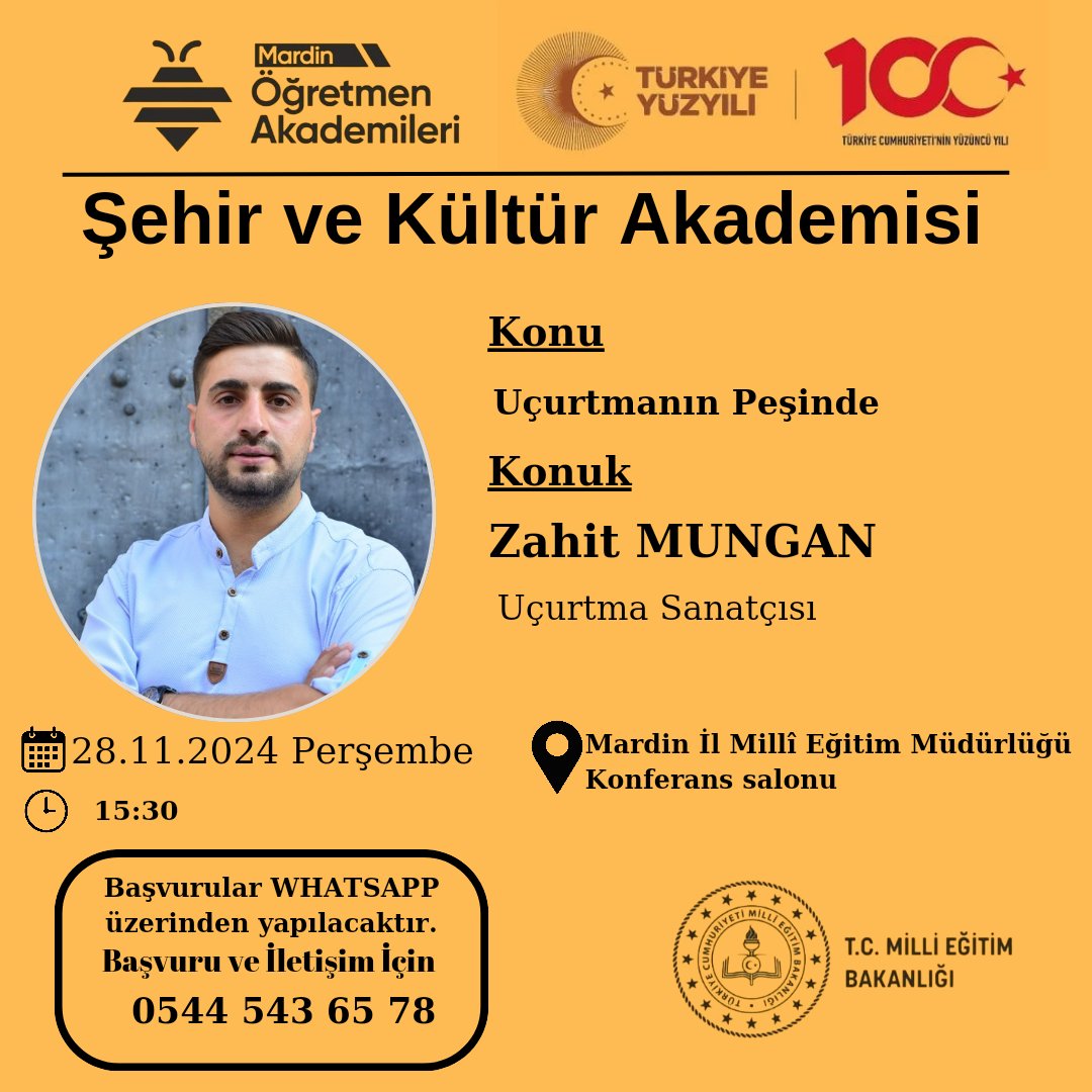 Mardin Öğretmen Akademileri (@meb_akademi47) on Twitter photo Şehir ve Kültür Akademisi'nin bu haftaki konuğu Uçurtma Sanatçısı <a href="/ZahitMungan/">Zahit Mungan</a> olacak.
Bir hayalin peşinden giden MUNGAN'ın hayatı,başarıları ve uçurtmanın konuşulacağı bu güzel etkinliğe tüm öğretmenlerimiz davetlidir.
<a href="/Yusuf__Tekin/">Yusuf Tekin</a>
<a href="/farukyelkenci/">Ömer Faruk Yelkenci</a>
<a href="/tuncay_akkoyun/">Tuncay Akkoyun</a>
<a href="/ali_eyyupkoca/">Ali Eyyupkoca</a> Şehir ve Kültür Akademisi'nin bu haftaki konuğu Uçurtma Sanatçısı <a href="/ZahitMungan/">Zahit Mungan</a> olacak.
Bir hayalin peşinden giden MUNGAN'ın hayatı,başarıları ve uçurtmanın konuşulacağı bu güzel etkinliğe tüm öğretmenlerimiz davetlidir.
<a href="/Yusuf__Tekin/">Yusuf Tekin</a>
<a href="/farukyelkenci/">Ömer Faruk Yelkenci</a>
<a href="/tuncay_akkoyun/">Tuncay Akkoyun</a>
<a href="/ali_eyyupkoca/">Ali Eyyupkoca</a>