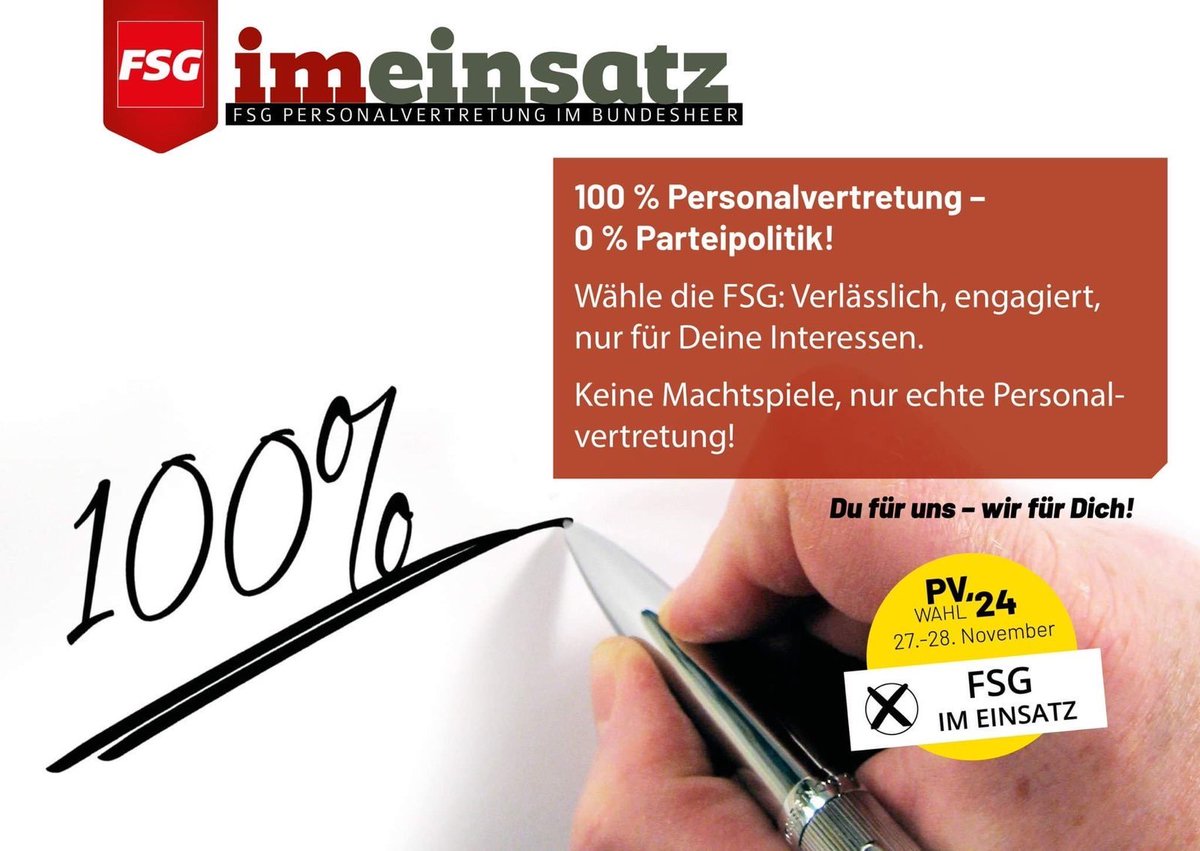 Wenn du #FSG wählst, bekommst du keine Machtspiele und musst deine Entscheidung nicht bereuen, wenn du das #Wahlergebnis siehst.

Wir stehen zu 100 % hinter den Bediensteten und werden dem Personal im #Bundesheer zu dem Verdienst verhelfen, der euch zusteht!