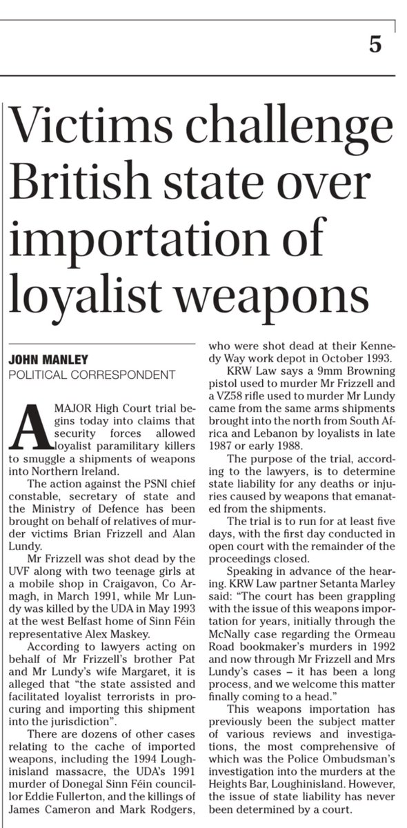 KRW Law Human Rights (@krwlaw) on Twitter photo Loyalist victims challenge British state over weapons importation
Belfast High Court will hear allegations that the state assisted and facilitated loyalist paramilitaries in procuring and importing weapons
irishnews.com/news/northern-… Loyalist victims challenge British state over weapons importation
Belfast High Court will hear allegations that the state assisted and facilitated loyalist paramilitaries in procuring and importing weapons
irishnews.com/news/northern-…