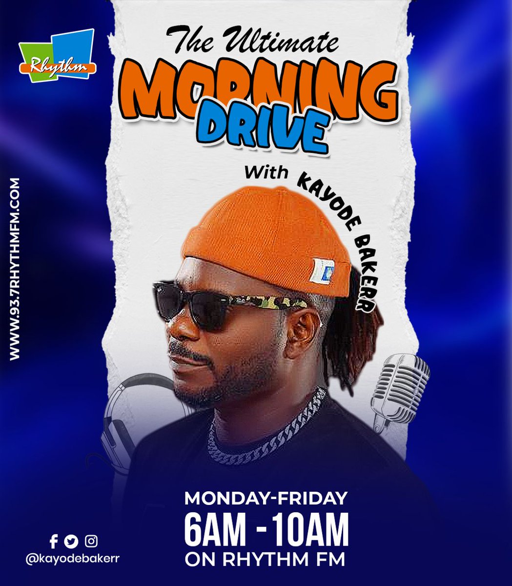 937RhythmFm's tweet image. "🎙️ Rise and shine, Tune in to Rhythm 93.7 with @kayodebakerr from 6am-10am for a rollercoaster of news, sports, entertainment, and a dose of newspaper wisdom. 📻🗞️ Let's kickstart your day with the perfect blend of vibes and insights! 🎶 #MorningShowMagic #TuneInWithKayode"