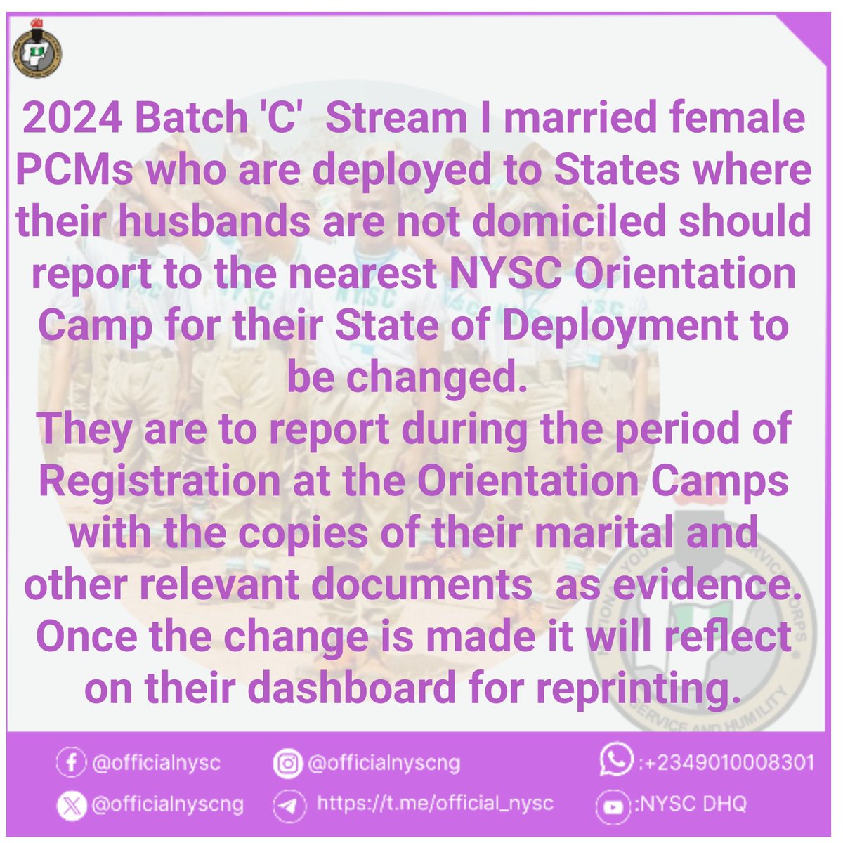 officialnyscng's tweet photo. ATTENTION TO ALL 2024 BATCH ''C" STREAM I MARRIED FEMALE PROSPECTIVE CORPS MEMBERS 
All married female PCMs who are deployed to States where their husbands are not domiciled should report to the nearest NYSC Orientation Camp for their State of Deployment to be changed. https://t.co/QyppOxvZlN