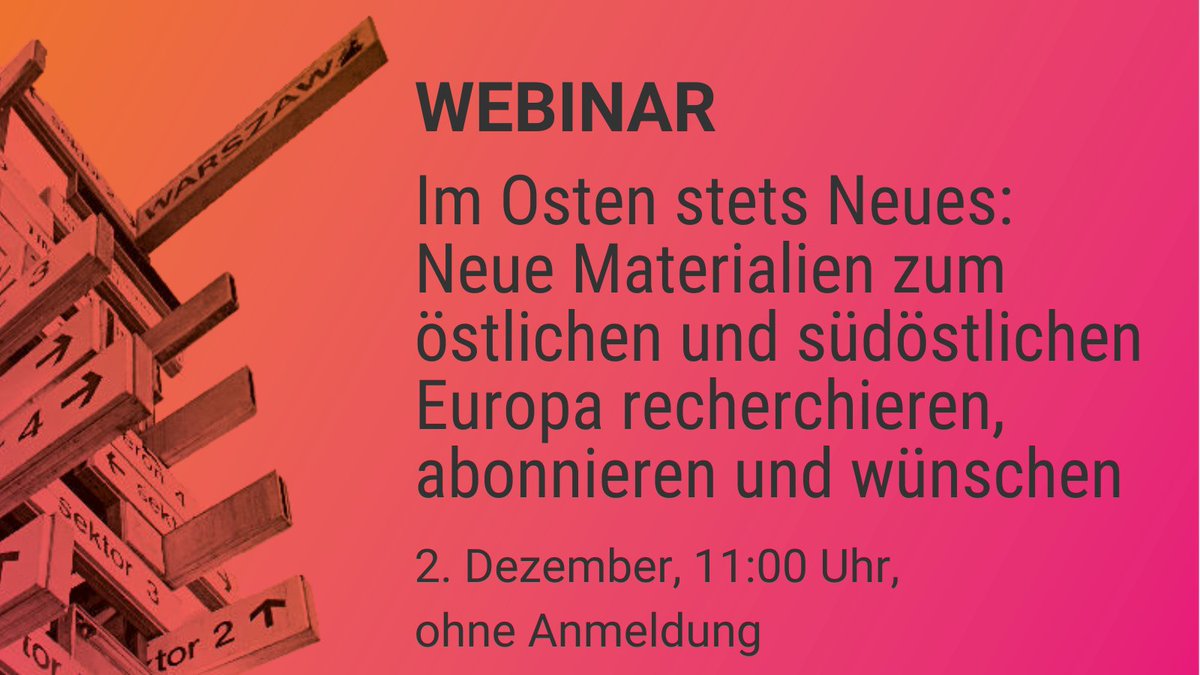 Nie wieder neue Literatur und Datenbanken verpassen? Das eine, fehlende Buch einfach zum Kauf vorschlagen? Das geht! Wie, erklären wir am Montag, 2. Dezember um 11:00 Uhr in unserem Webinar "Im Osten stets Neues". Kommen Sie vorbei – ganz ohne Anmeldung! bsb.bayern/ymwen
