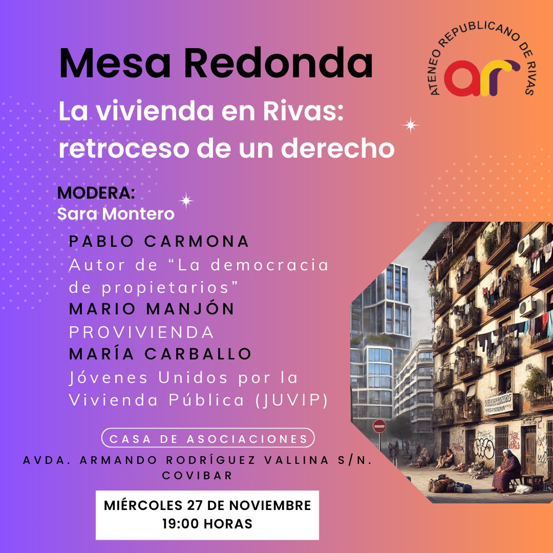 JUVIP_Rivas's tweet photo. Nos vemos este miércoles con @AteneoRivas para debatir sobre el retroceso del derecho a una vivienda digna 🏠🔑

🗣️ Nuestra presidenta @maria_carballoo participará junto a @pblcarmona y @Mariomanjon

Tenemos mucho que hablar sobre la crisis de vivienda en rivas 🔻 https://t.co/OcGfFHcIqQ