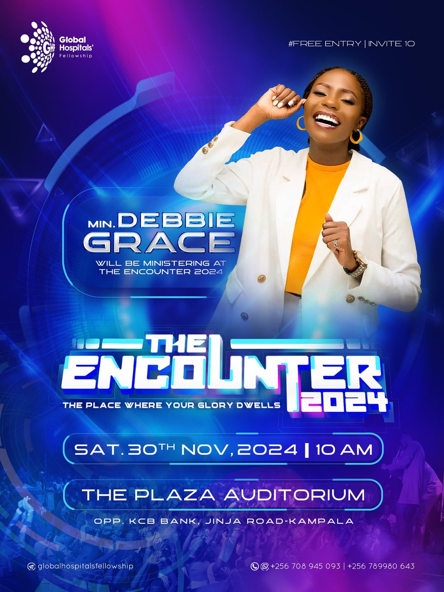 ndagireritah901's tweet photo. 🎙️ Min. Debbie Grace Will Be Ministering At The Encounter 2024.
Happening This; Saturday, 30th November 2024 | The Plaza Auditorium, Kampala | 10am EAT | Free Entry.
Kindly Register To Confirm Attendance: https://t.co/0MdKOuCSAY
#TheEncounter2024🔥
#Invite10Friends🔟 https://t.co/lalDJgYwT3