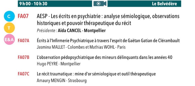 Mercredi j’aurai l’honneur de partager les certificats de #Clérambault, en tant que psychiatre de l’#Infirmerie psychiatrique. #esprit de #Clérambault ou de l’#Infirmerie, les deux sont indissociables :) nous parlerons #automatisme et #erotomanie <a href="/CfpNathalie/">Congrès Français de Psychiatrie</a> <a href="/AssoAESP/">AESP</a>