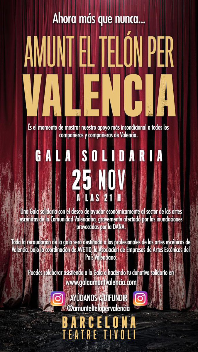Asoc_PROTEJA's tweet photo. Hoy lunes 25 de noviembre a las 21:00 horas, el Teatro Tívoli de Barcelona acogerá la gala solidaria «Amunt el Telón por Valencia«

https://t.co/hxNBFdeWnk 

#amunteltelonpervalencia https://t.co/ZhlCyb2Cff