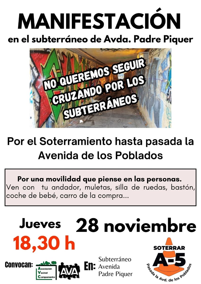 Estimadas vecindad. Manifestación el próximo jueves 28 de noviembre, a las 18,30 horas, en el subterráneo de la Avda. Padre Piquer. Saldremos a solicitar al Ayuntamineto el soterramiento del P° de Extremadura hasta pasada la Avda. de ls Pobldos. +Info👇🏾
avcampamento.org