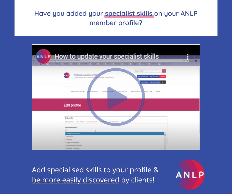 Complete member profiles get the most attention from potential clients browsing the ANLP website!

Are your specialist skills up to date?
anlp.org/knowledge-base…

#anlp #members #specialistskills #standingoutinthefield