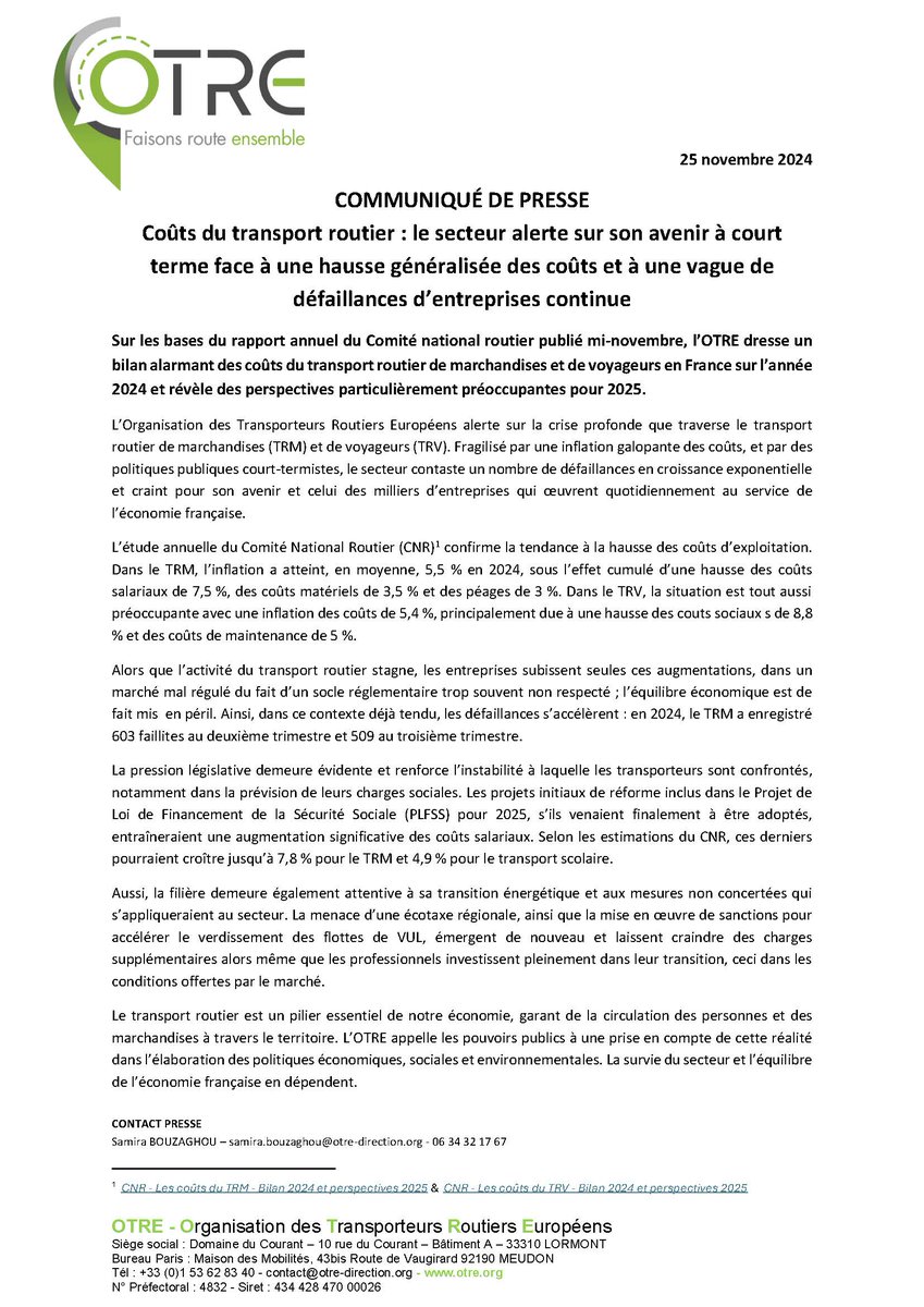 Jean-Marc RIVERA - DG OTRE (@jmarcrivera) on Twitter photo Coûts du transport routier : le secteur alerte sur son avenir à court terme face à une hausse généralisée des coûts et à une vague de défaillances d’entreprises continue <a href="/_OTRE_/">OTRE</a> <a href="/durovray/">François Durovray</a> <a href="/MichelBarnier/">Michel Barnier</a> <a href="/annemarieidrac/">Anne-Marie Idrac</a> <a href="/fr_logistique/">FRANCE LOGISTIQUE</a> Coûts du transport routier : le secteur alerte sur son avenir à court terme face à une hausse généralisée des coûts et à une vague de défaillances d’entreprises continue <a href="/_OTRE_/">OTRE</a> <a href="/durovray/">François Durovray</a> <a href="/MichelBarnier/">Michel Barnier</a> <a href="/annemarieidrac/">Anne-Marie Idrac</a> <a href="/fr_logistique/">FRANCE LOGISTIQUE</a>