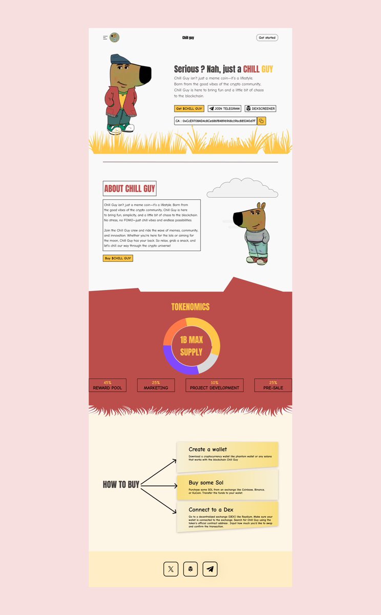 _Oluwafemiiii's tweet image. Gm Gm guys, Designed a landing page for the popular “Chill guy” meme coin 

#web3ui #memecoin #uiux